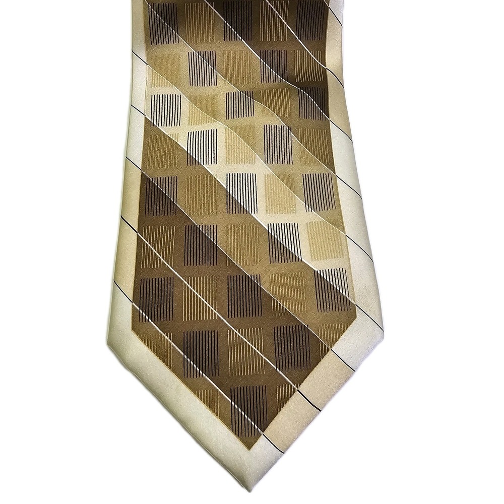 STACY ADAMS Men's 100% Silk 60"‎ Necktie Designer STRIPED Brown/Gold/White